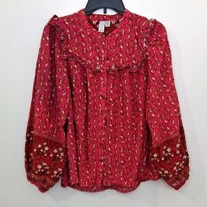 Joie Top Blouse Pink Floral Print Sz Lrg Ruffle Puff Sleeve‎ Peasant Prarie Boho
